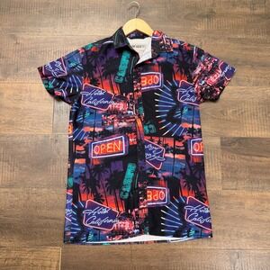 Surf Society Neon Sign Hotel California Casino Palm Tree Button Down Shirt Small